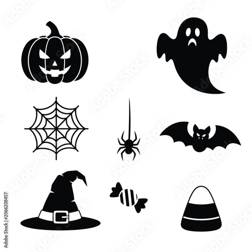 Halloween icons set black and white spooky vector symbols for party decorations and invitations