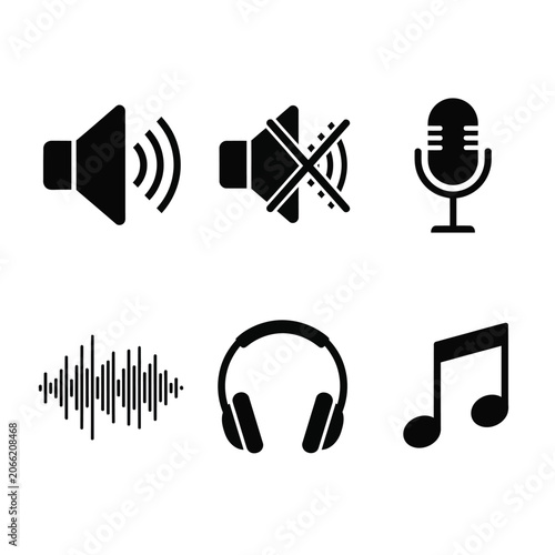 Audio Icons Set: Speaker, Microphone, Headphones, Music Note on White Background