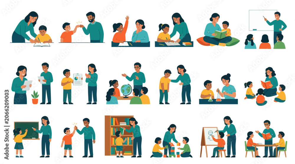 Fototapeta premium Flat Vector Illustration Set of Diverse Teachers and Students Engaged in Various Education and Learning Activities