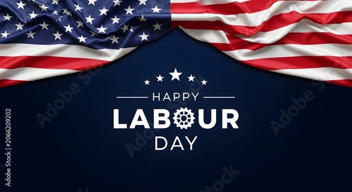 Labor Day Happy Labour Day graphic design with American flag fabric draped over dark blue background with gear and star icons