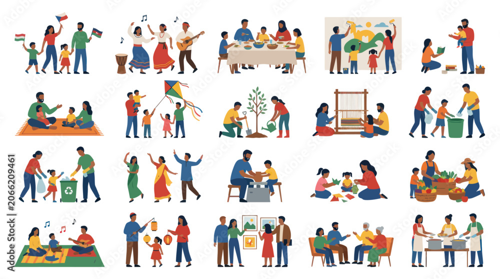 Fototapeta premium Flat illustration of diverse families enjoying outdoor activities and community events