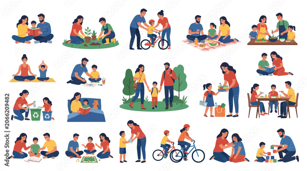 Fototapeta premium Diverse Families Enjoying Activities Together: Reading, Gardening, Cycling, Picnic, Cooking, Yoga