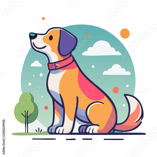 Flat vector illustration of a beagle dog sitting outdoors