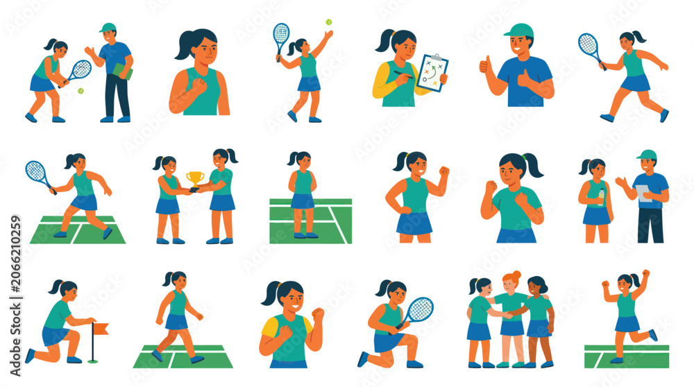 Fototapeta premium Flat Vector Illustrations of Tennis Players, Coach, and Sports Activities for Girls