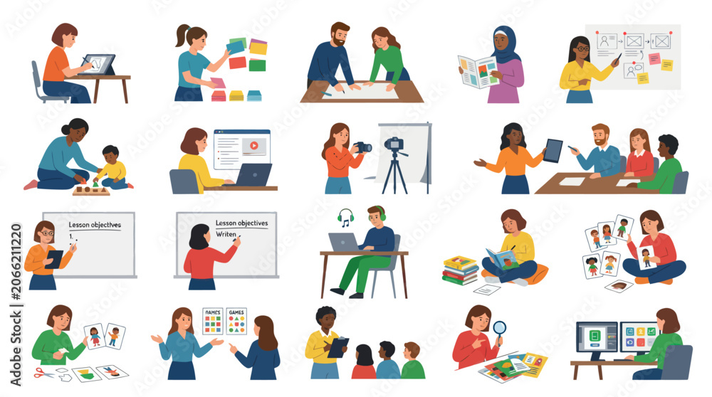 Fototapeta premium E-learning and Education Concepts Flat Vector Illustrations with Diverse Educators and Learners