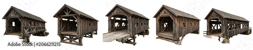 Canvastavla A collection of five detailed PNG images featuring classic vintage wooden covered bridges, isolated on a white background, perfect for architectural design projects