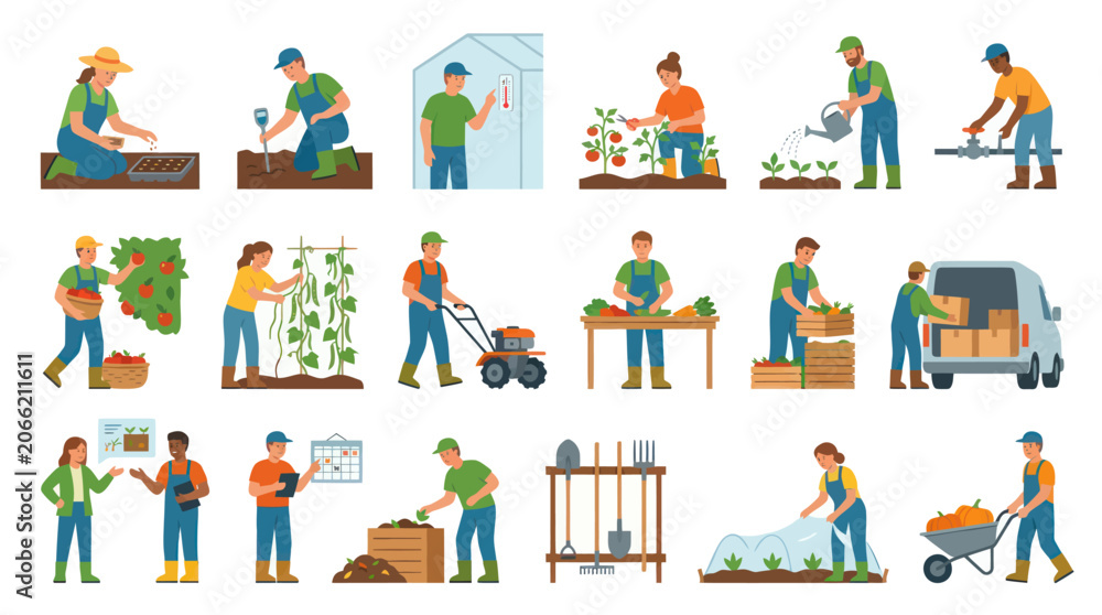 Fototapeta premium Farming and Gardening Icons: Flat Style Illustrations of Agricultural Activities