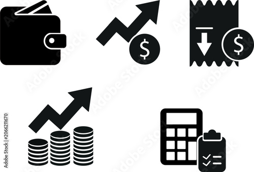 Financial icons including wallet coins calculator and money growth symbols