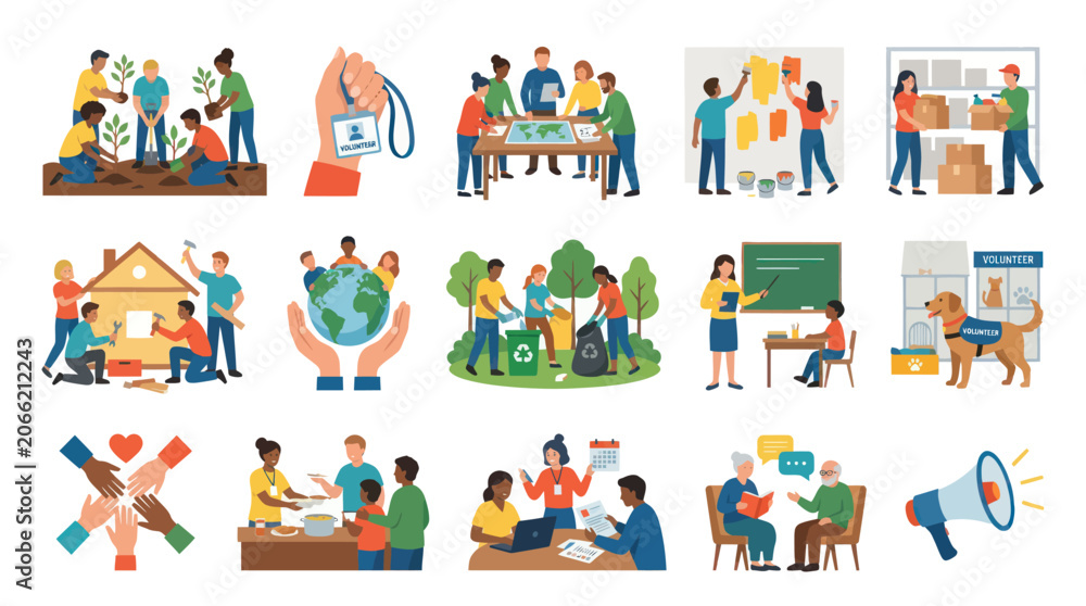 Fototapeta premium Volunteering and Community Service Flat Design Illustrations for Charity, Social Help, and Teamwork Activities