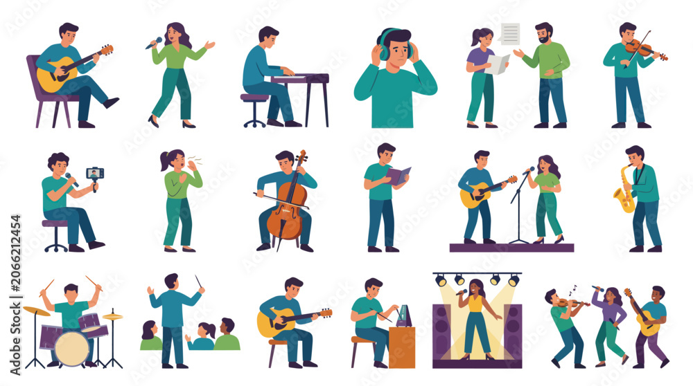 Fototapeta premium Flat Design Vector Illustration: Musicians Playing Instruments, Singing, Conducting, and Enjoying Music