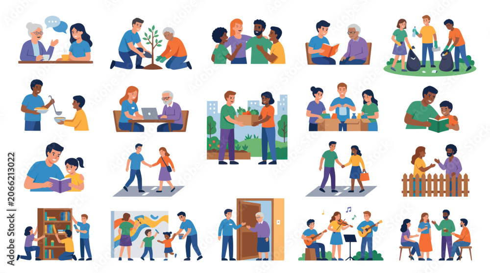 Fototapeta premium Flat Vector Illustration of Community and Social Services: People Volunteering, Helping, and Supporting Each Other