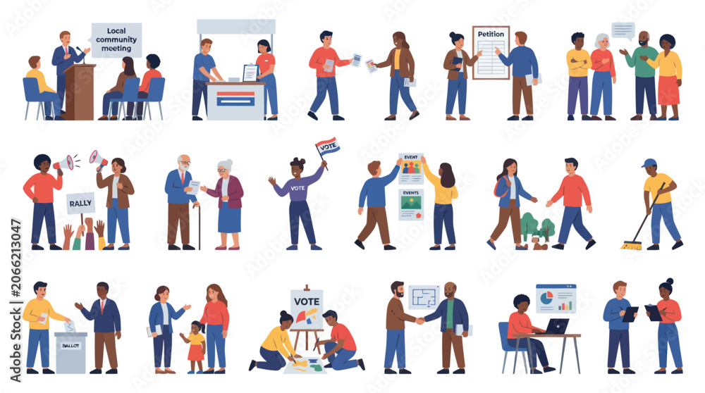 Fototapeta premium Civic Engagement Flat Illustration Set: People Voting, Volunteering, Community Meetings, Political Participation