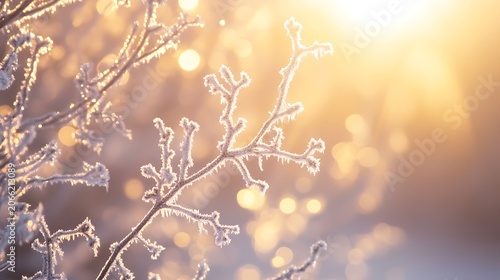 Close up of frosted branches with soft sunlight and bokeh background elements