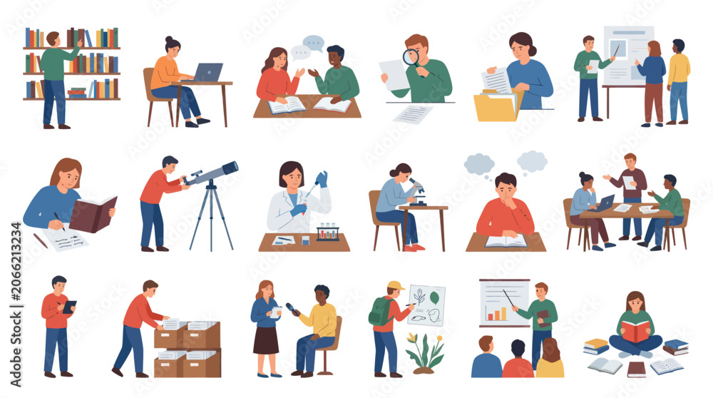 Fototapeta premium Flat Vector Illustration Set: Diverse People Engaged in Education, Science Learning Activities