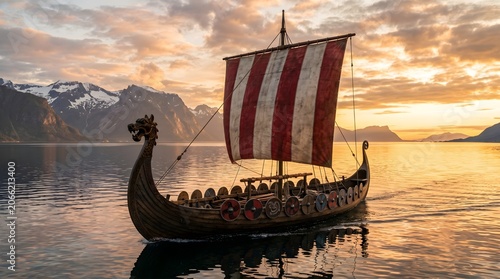 Viking Ship in the Sea, Nordic Longboat Sailing on Ocean, Ancient Maritime Adventure Illustration