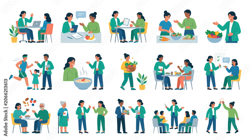 Fototapeta premium Flat Vector Health Coaching and Nutrition Consultation Illustrations with People and Wellness Concepts