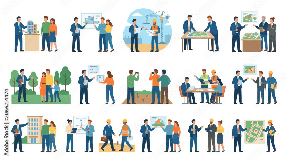 Fototapeta premium Real Estate and Construction Business Professionals Flat Illustration Set with Blueprints, Building Models Maps