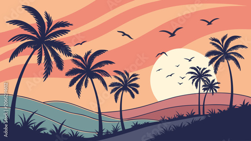 Palm trees at sunset in warm pastel colors with a flat vector illustration for travel posters.