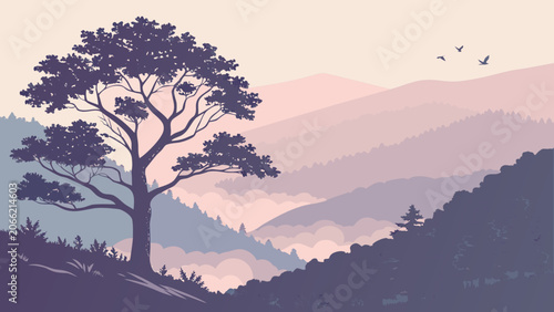 Silhouette tree on hill in muted pastel colors with soft atmospheric lighting for landscape illustration