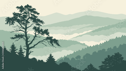 Mountain landscape with evergreen tree in muted green tones with atmospheric perspective for nature backgrounds.