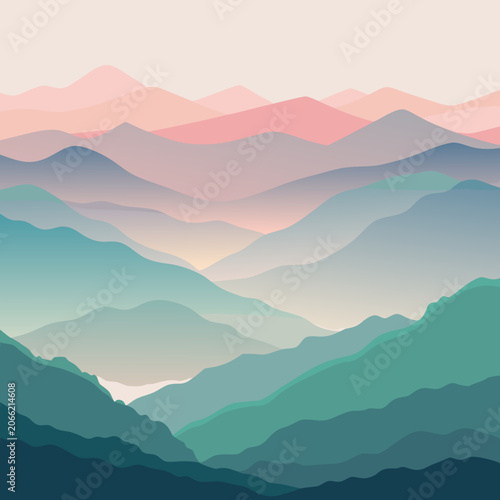 Layered Mountains serene pastel gradient landscape in soft diffused light for travel and nature backgrounds.