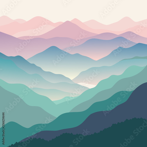 Layered mountains in a serene, gradient landscape with soft pastel and teal colors in a flat vector illustration for travel and nature backgrounds.