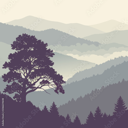 Silhouette tree in misty mountains with muted color palette in flat design for nature background.