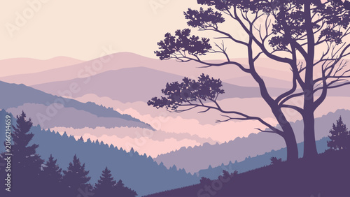 Mountain landscape with pine tree in muted purple and pink tones with soft atmospheric lighting for nature backgrounds.