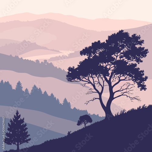 Mountain landscape with trees in muted pastel colors and soft lighting for nature illustration