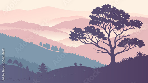 Silhouette tree on layered hills in pastel pink and blue with soft gradient lighting for serene landscape backgrounds.