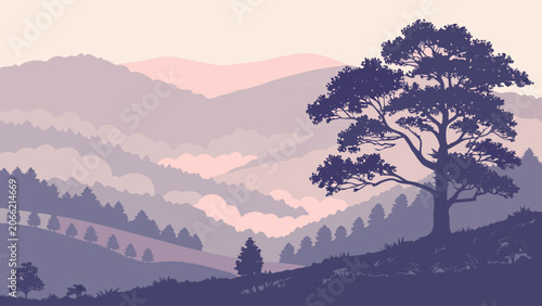 Mountain landscape with tree in muted pastel colors and soft hazy lighting for serene background.