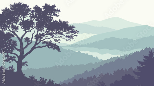 Mountain landscape with silhouetted tree in muted blue and green tones with soft atmospheric lighting for nature backgrounds.