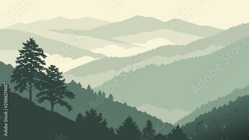 Mountain range layered landscape in muted green tones with atmospheric haze for nature background.