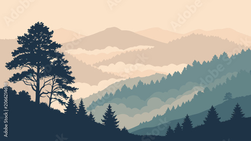 Mountain landscape serene atmospheric muted colors layered hills in soft hazy light for nature backgrounds