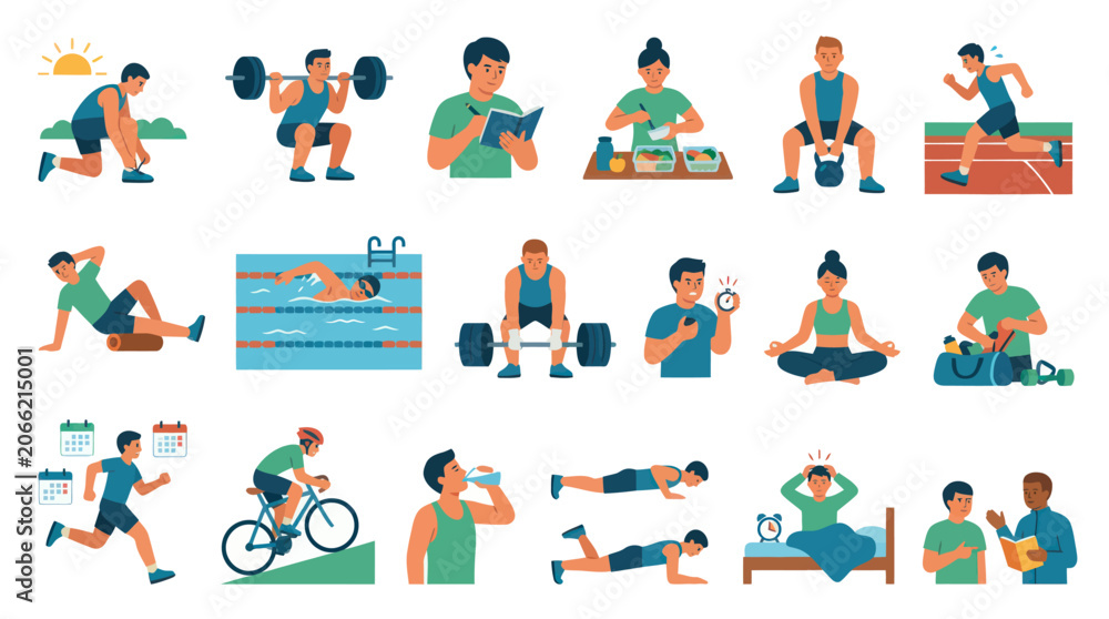 Fototapeta premium Flat Vector Illustration of Healthy Lifestyle Habits and Daily Wellness Activities for Fitness and Self-care
