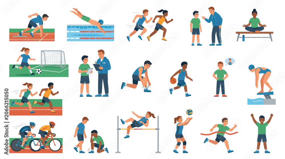 Fototapeta premium Flat Vector Illustration Collection: Athletes, Coaches, and Sports Activities in Physical Education