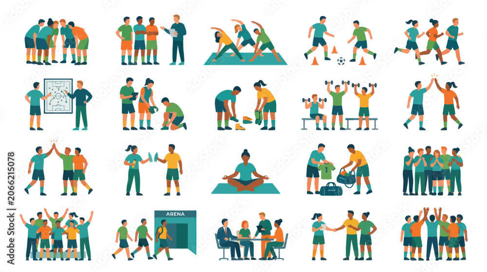 Fototapeta premium Sports and Fitness Flat Vector Illustration featuring Team Training, Coaching, and Healthy Lifestyle
