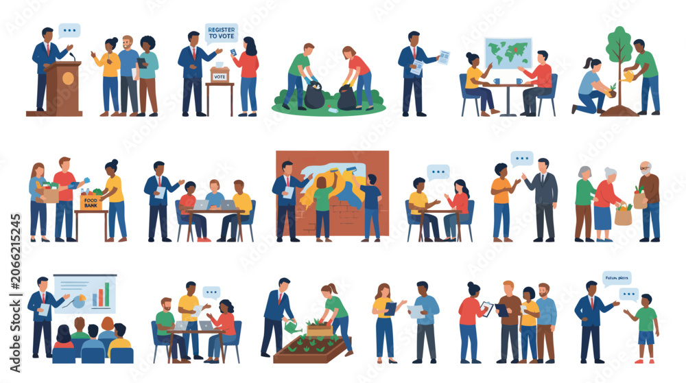 Fototapeta premium Community and Civic Engagement Flat Design Vector Illustrations Set: Volunteering, Public Service, Education, Charity Concepts