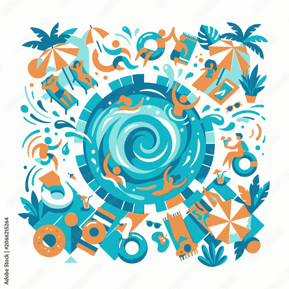 Fototapeta premium Vibrant summer pool party with people swimming and relaxing