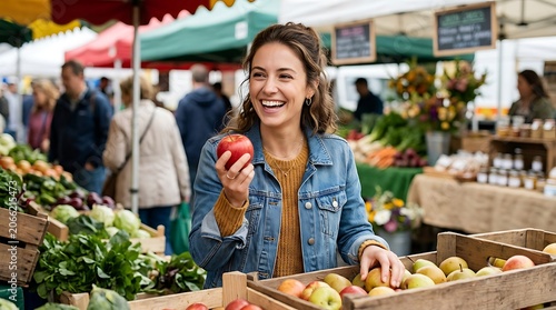 Smiling woman holding a fresh red apple while shopping for produce at an outdoor farmers market with wooden crates and various fresh vegetables