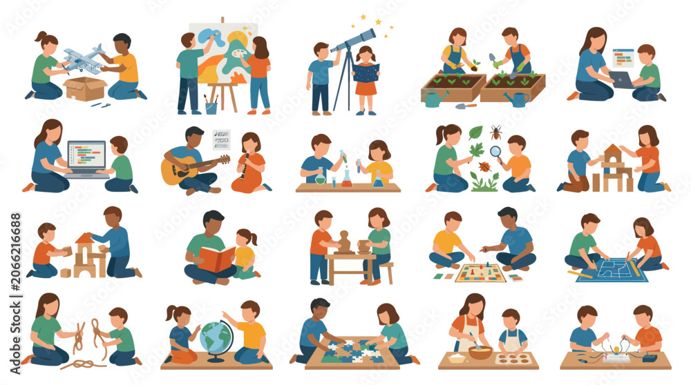 Fototapeta premium Diverse Children Learning and Playing with Educational Activities, Flat Vector Art