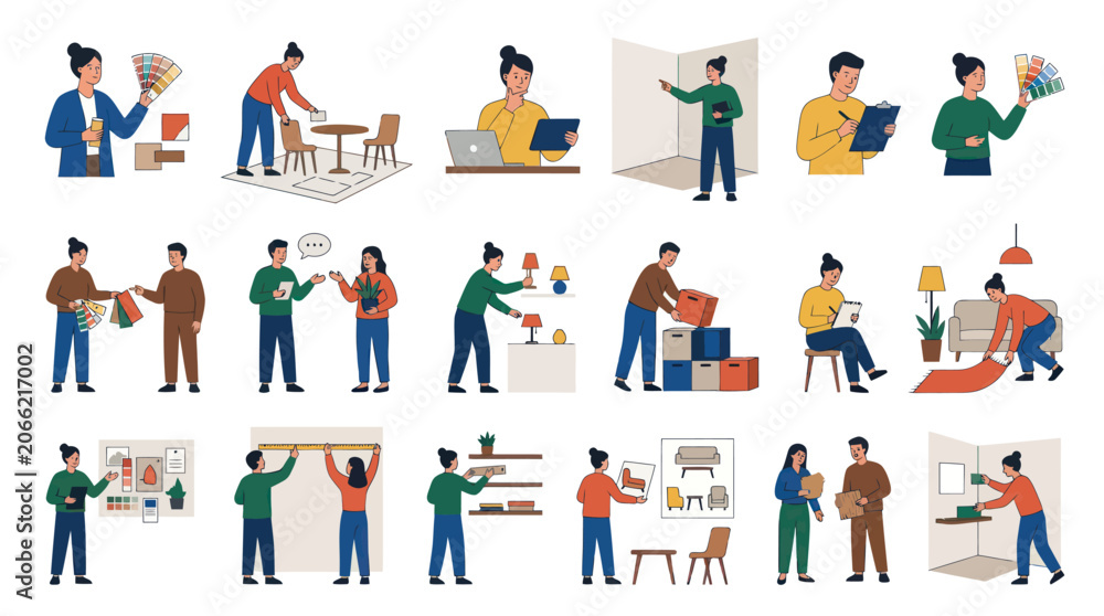 Fototapeta premium Interior Design Flat Icons: People choosing colors, furniture, arranging decor