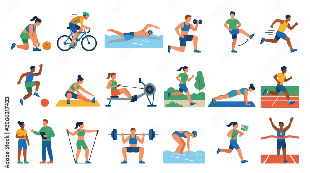 Fototapeta premium Flat Vector Illustration of Diverse People Exercising in Various Sports and Fitness Activities