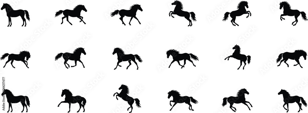 Fototapeta premium Black silhouettes of running wolves in various dynamic poses animal figures