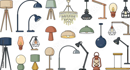 Canvastavla Modern and vintage lighting fixtures vector collection featuring chandeliers pen
