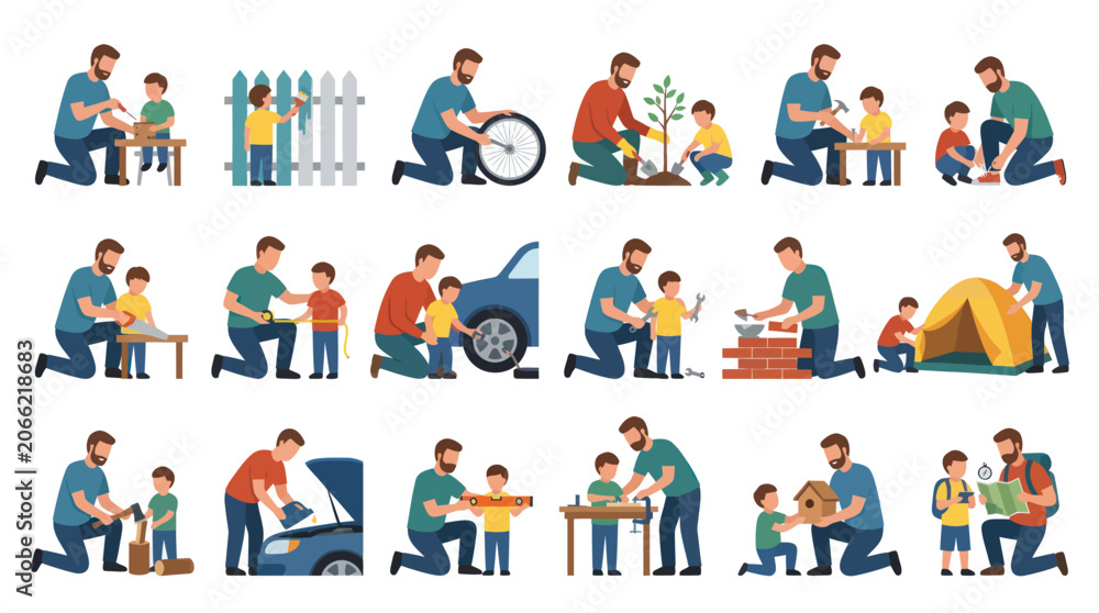 Fototapeta premium Father and Son Flat Illustration Vector Set for Family Bonding, Education, Hobbies DIY Lifestyle