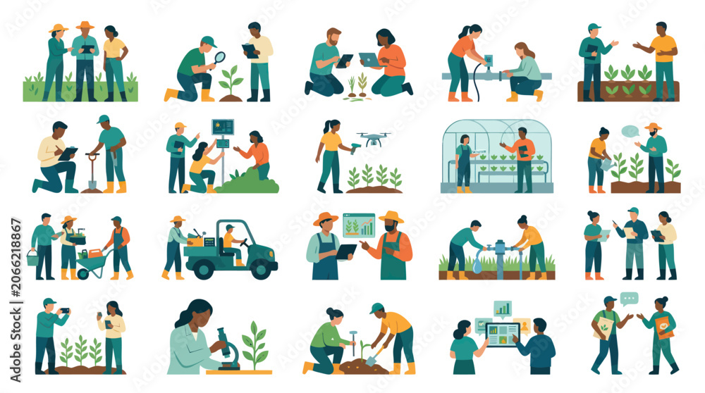 Naklejka premium Smart Agriculture Flat Vector Illustrations Set: Farmers, Scientists Agri-Tech Innovations for Sustainable Farming