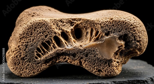 A detailed view of a fossilized bone's porous texture and structure