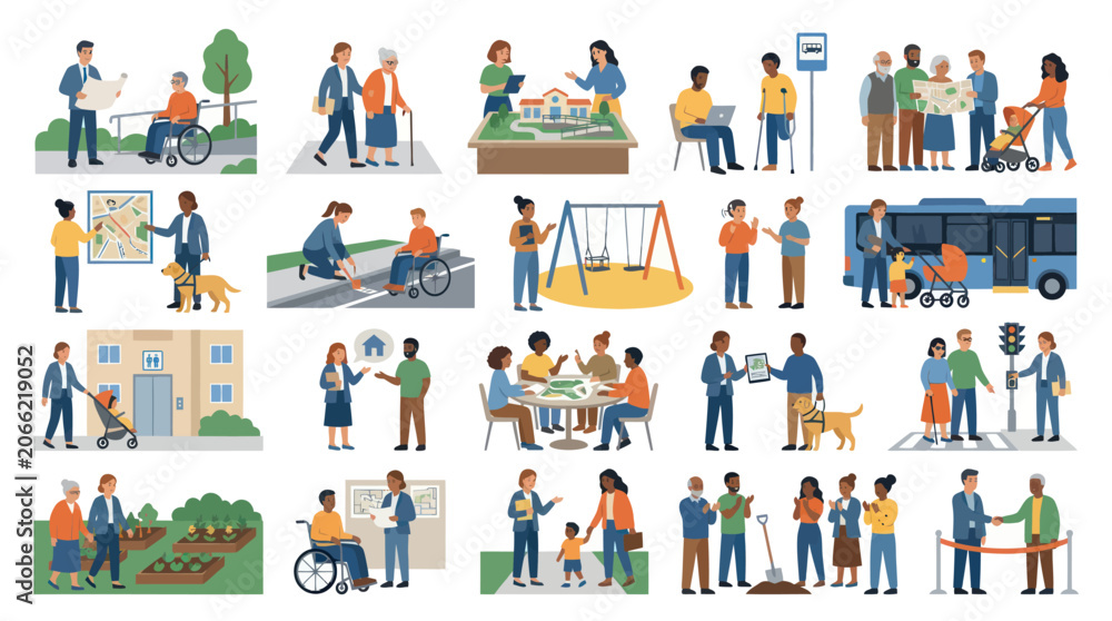 Fototapeta premium Community Support Inclusion Flat Vector Illustration Set: Diverse People, Accessibility Social Services