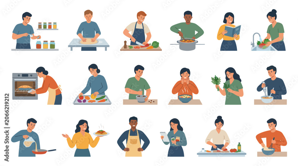 Fototapeta premium Cooking and Food Preparation Flat Vector Illustration Set. Diverse People Preparing Meals in Kitchen.